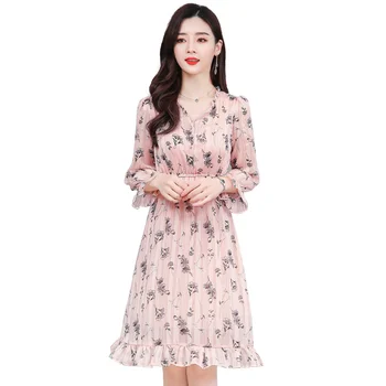 Plus Veľkosť Jesenné Vinobranie Kvetinový Šifón Boho Tričko Šaty 2021 Nový Kórejský Elegantné Ženy Party Šaty Bežné Čierne Pláže Vestidos