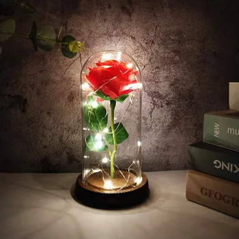 LED Rose V Banková Kráska A Zviera Red Rose Svetla V Skle Drevený Základ Valentines Day Svadobné Party Darček Domáce Dekorácie
