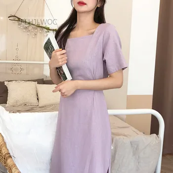 Elegantné Kórea Fashion Square krku šaty Žien Temperament motýlik Retro Vintage Bavlnená Zmes Šaty Purple Flhjlwoc Vestido