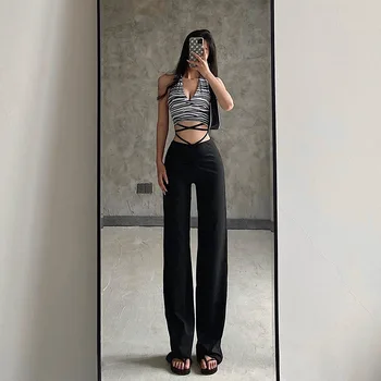 Sexy high-v strede zúžený black bežné nohavice so zmyslom pre dizajn a módne rovné nohavice all-zápas trend je tenký