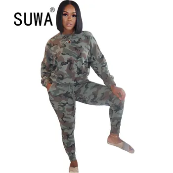 Vojenské štýl tepláková súprava ženy kus dvoch zhodné sady dlhý rukáv bežné t-shit top + vysoký pás športové nohavice nohavice oblek