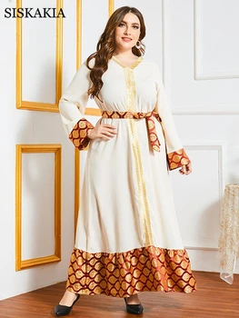 Siskakia Žakárové Patchwork Etnických Maxi Šaty pre Ženy, Elegantný Krk Dlhý Rukáv Plus Veľkosť arabské Moslimské Oblečenie Biele 2020