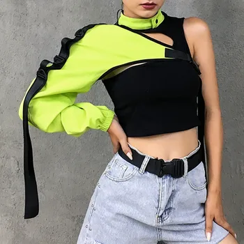 LISM Flash Späť Topy pre Ženy Jeden Ramenný Rukáv Žiarivkové svetlo Zelená Harajuku Tričko Fashion Punk Štýl Bežné Streetwear