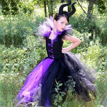 Dievčatá Maleficent Čarodejnice Tutu Šaty Deti Čierna Fialová Tylu Šaty plesové Šaty s Hairbow Deti Halloween Party Šaty, Kostým