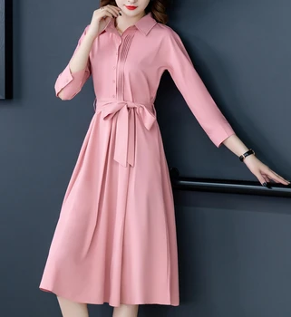 Ružové tričko šaty žien 2020 jar jeseň skladaný obväz tunika šaty dámske elegantné práce midi dlhé šaty župan femme vestido