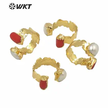 MPR010 Veľkoobchodná cena ženy šperky krúžok dvojité kúzlo, putá zlaté elektrolyticky pokrývajú krúžok perly a koraly krúžok na darček