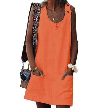 Nové Pláži Bežné Ženy Solid Farba Vreckový Mini Šaty Bez Rukávov Tlačidlo Sundress