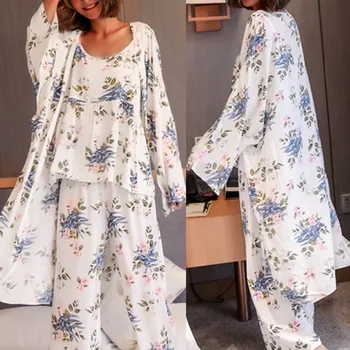 CALOFE Ženy Pyžamo 3 Kusy Satin Sleepwear Pijama Hodváb Domov Nosiť Domov Oblečenie Výšivky Spánku Salónik Pyžama Nastaviť Pyžamá