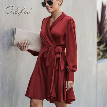 Ordifree 2021 Lete Ženy Saténové Šaty S Dlhým Rukávom Vintage Červené Víno Belted Hodváb Party Šaty