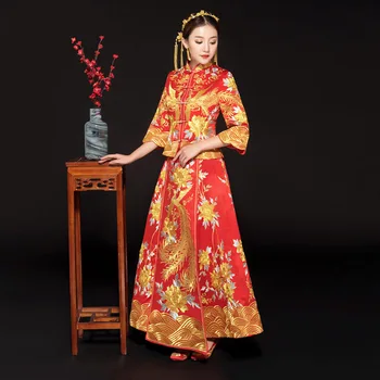 Červená výšivky štýl formálne šaty royal phoenix svadobné cheongsam kostým nevesta vintage Čínskej tradičnej Tang vyhovovali Qipao