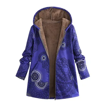 Tlač Womens Kabát Zime Teplé Vintage Vrecká Nadrozmerná Kabáty S Kapucňou Žena Bežné Outwear Fleece Bunda Plus Veľkosť