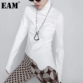 [EAM] Ženy Biela Nepravidelný Pozdĺžne Vlnité Lem T-shirt Nové Turtleneck Dlhý Rukáv Fashion Príliv Jar Jeseň 2021 1DD3973