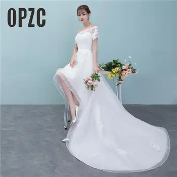 OPZC Hot Predaj 2020 Vysoké/Nízke Kaplnka Vlak Svadobné Šaty, Sexy Loď Krku Mimo ramenný Vestidos De Noiva Elegantné Sukne guľové Šaty