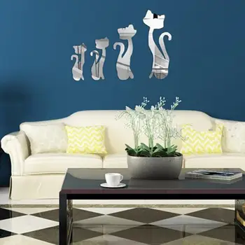 Stena Nálepky, Obývacia izba, spálňa pozadí 4PCS Krásne Mačky Strieborné Zrkadlo Výzdoba Domov Izba Art 3D DIY Samolepky na Stenu May10