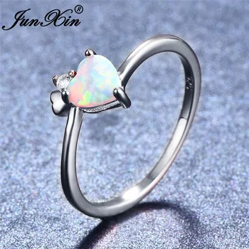 JUNXIN Elegantná Biela/Fialová/Blue Fire Opal Prstene Pre Ženy, Strieborná Farba Láska Srdce Krúžok Dúhový Birthstone Šperky