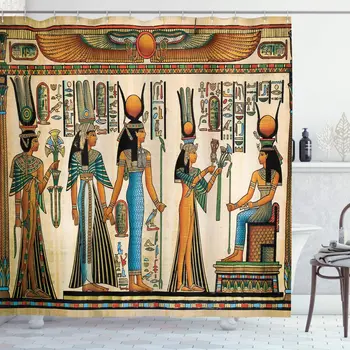 Sivozelená Orange Egyptský Tlač Sprchový Záves Egyptský Papyrus Zobrazujúce Kráľovná Nefertari Robiť obeť, aby Isis Obrázok