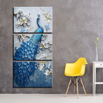 Plátno Obrazy Domova HD Vytlačí 3 Kusy Modrá Páva Obrázky Biela Orchidea, Kvet Plagát Steny v Obývacej Izbe Umenie Rámec