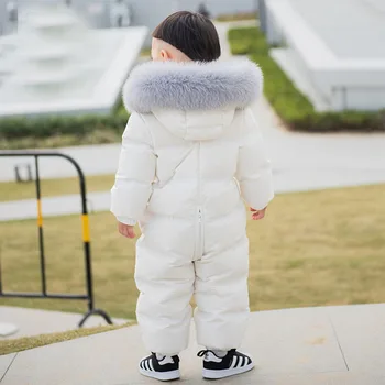 Detské jumpsuit dieťa nadol bunda hrubé prírodné fox kožušiny golier 0-5 rokov