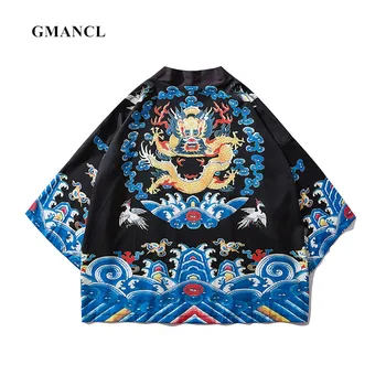 GMANCL Mužov Čínsky štýl dragon Cardigan Kimono Bundy Streetwear Lete opaľovací Krém Japonský Štýl Mužský kabát vrchné oblečenie