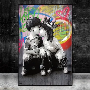 Graffiti Chlapec a Dievča bozkávanie Wall Art Plátno Plagáty A Vytlačí Bozkávanie Street Art Obrazy Na Stenu, Obrazy Domova