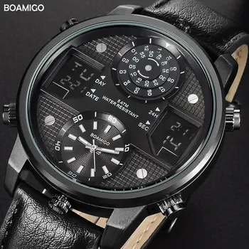 BOAMIGO Mužov Quartz Hodinky 3 časové pásmo tvorivé LED Digitálne Športové Hodinky Mužskej Kože náramkové hodinky muž Hodiny Relogio Masculino