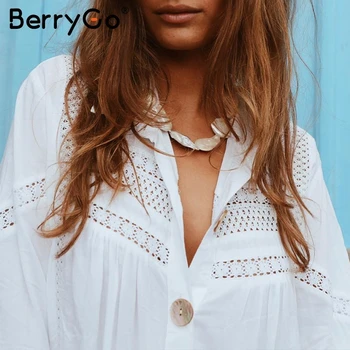 BerryGo Dlhý rukáv pláži zakryť blúzka ženy Sexy biele duté sa žena bavlna, blúzky, košele Dovolenku plavky cover-up topy