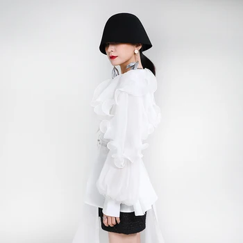 [EAM] Ženy Biela Skladaný Nepravidelný Dlho Veľká Veľkosť Blúzka Nové Klope Dlhý Rukáv Voľné Nosenie Tričko Fashion Príliv Jar Jeseň 2021