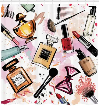 Móda Sprchový Záves kozmetiky a make-up Tému Vzor s Parfum Rúž, lak na Nechty Kefa Moderná Kúpeľňa Decor Set