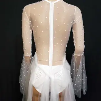 Ženské Oka White Pearl Tanec Kombinézu Pohľadu Koncové Šaty Party Oblečenie Jumpsuit Vidieť Cez Oblečenie Hosť Nosenie Obliekať Dj