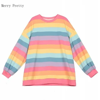 Ružová Rainbow Prekladané Nadrozmerná 2xl, T Košele Pre Ženy 2020 Lete Dlhý Rukáv O-neck T Shirt kórejský Štýl, Dámy Topy Tees