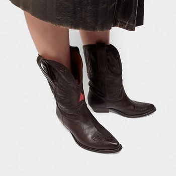 Stredné topánky dámske jednej topánky silné päty kožené vyšívané špicaté topánky móda vysokým podpätkom dámske topánky