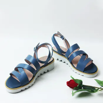 FOKOLO Letné Sandále dámske Ploché Topánky Modré Pohodlné Baránkom, Vamp a Stielka 4cm Nepremokavé Platformu zapatos de mujer L9
