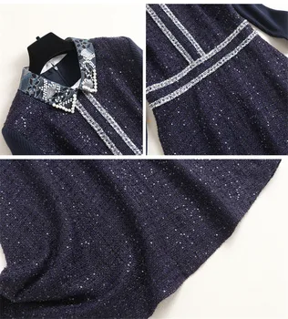Vysoko Kvalitný Módny Návrhár Dráhy Ženy Dlhý Rukáv Pletené Patchwork Lištovanie Tweed Vlnené Šaty Jeseň Zimné Oblečenie 2020