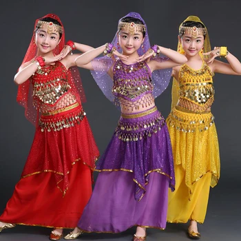 4 Kusy, Dievčatá, Deti, Brušný Tanec Kostým Bollywood Indický tanec Šaty Tanečné Oblečenie Stafge nosenie Sála Výkon šaty