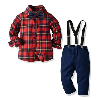 Dieťa Chlapca Oblečenie Dvoch-dielny Oblek, Deti Červená Kockovaný Vzor Tričko s Dlhým Rukávom + Modré Dlhé Nohavice