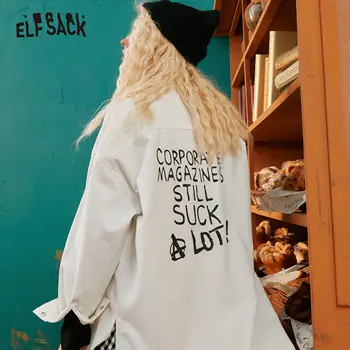 ELFSACK List Tlač Singel svojim Nadrozmerná Ženy Bunda,2020 Jeseň ELF Čistý Celý Rukáv Dámske,Bežné Denné Základné Outwears