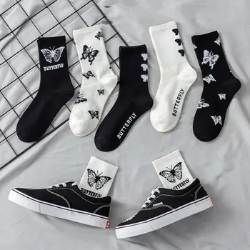5 párov Módne Hip Hop Motýľ Ponožky Ženy Bavlnené Ponožky Hiphop Street Športy Skateboard Biele Ponožky Harajuku Lolita Ponožky