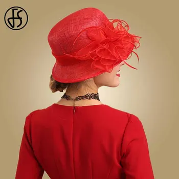 FS Royal Lady Fascinator Red Hat Svadobné Sinamay Cirkvi Klobúky Kvety Dámske Elegantné Široký Okraj Fedora Kentucky Derby Party Klobúk