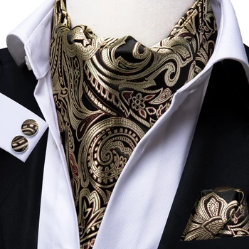 Hodváb Luxusné Paisley Šatku Uviazať Čierna Zlatá Ascot Cravat Sada pre Mužov Vintage Bežné Veľký Kvetinový Svadobné Krku Kravatu Vrecku Námestie Nastaviť