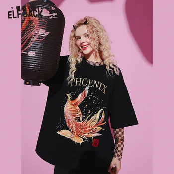 ELFSACK Black Phoenix Tlačiť Bežné Ženy Harajuku T-Shirt 2020 Lete ELF List Výšivky Polovičný Rukáv kórejský Dámy Denne Topy
