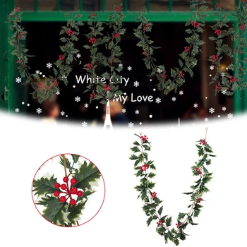 1,75 m Umelé Vianočné Ratan Červeného Ovocia Zelené Listy DIY Veniec Veniec Ornament Domov Visí Ozdoby pre Xmas Party Decor