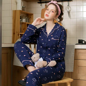 FENTENG Jeseň Pyžamá Pre Ženy Príčinné Sweety Vytlačené Pyžamo Klope Voľné Pyžamo Dámske Bavlnené Domov Vyhovovali J98112244
