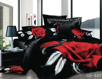 (3-7 kus) Organickej Bavlny, 3d posteľná bielizeň sady king size čierna a červená ruža satin posteľ list nastaviť Stroje, Umývateľný posteľ kryt nastaviť