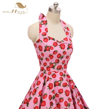 SISHION 50. rokov 60-tych rokov, Rockabilly Vintage Šaty Žien s uväzovaním za Letné Sexy Backless Ružová Polka Dot Jahoda Šaty VD0746