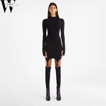 WYHHCJ 2020 Ženy Jeseň Turtleneck Black/White Bodycon Mini Šaty s Osadenie Dlhý Rukáv Sexy Clubwear Chudá Street Style