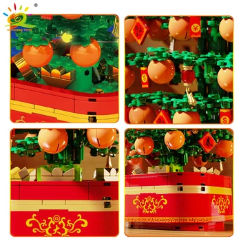 HUIQIBAO 666Pcs Čínskej Tradície pomarančovníka Rotujúce Music Box Stavebné Bloky Nový Rok Požehnanie Tehly Nastaviť, Hračky pre Deti,