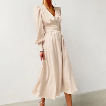 Jeseň Dlhý Rukáv Šaty Žien Pure Color Tlačidlo Módy Bežné Strany Prom Slim Večer Maxi Šaty Pre Ženy 2021 Elegantné