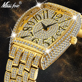 MISSFOX Dizajn Hodiniek Mužov 2020 Luxusné Jedinečný Tonneau Veľký Diamant Roman Numerber pánske náramkové hodinky Quartz Nepremokavé Hodiny Darček