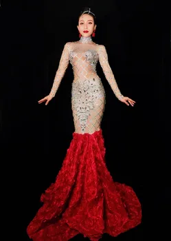 Lady Bling kamene Koncové Šaty Rose Sklo Diamond Fishtail šaty High-end Kostým, Večerné Party, Ples Pódium Fáze oblečenie