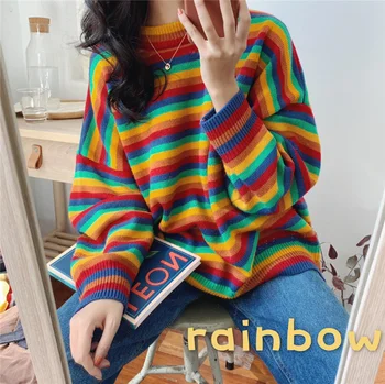 Retro Rainbow Colorblock Kolo Krku Pulóver